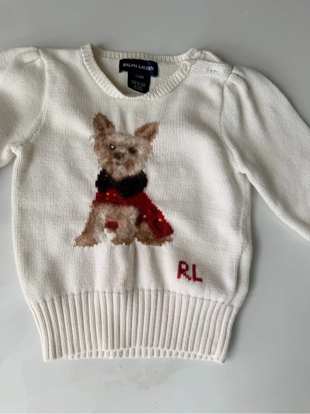 Ralph Lauren Cream Knit Sweater with Dog Motif and Red Accent
